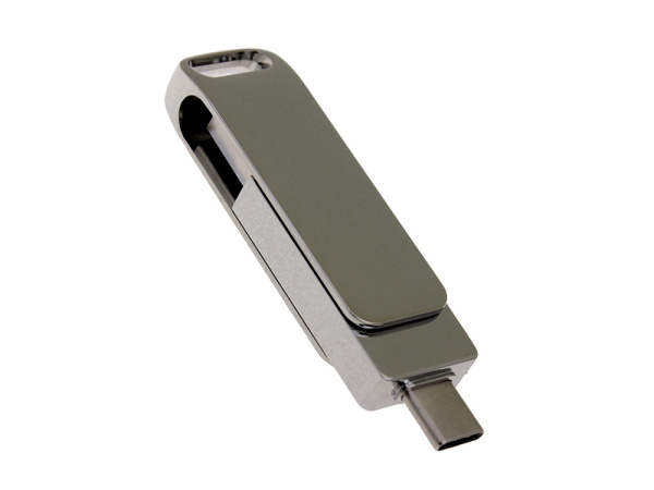 USB 3.0- флешка на 32 Гб поворотный механизм 2 в 1, c дополнительным разъемом Type-C с одноцветным металлическим клипом, серебристый