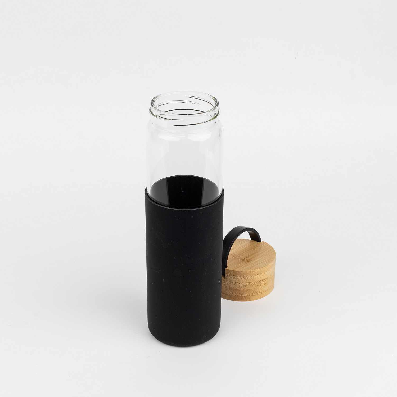 Бутылка стеклянная с силиконовой манжетой и бамбуковой крышкой  Glass, синяя
