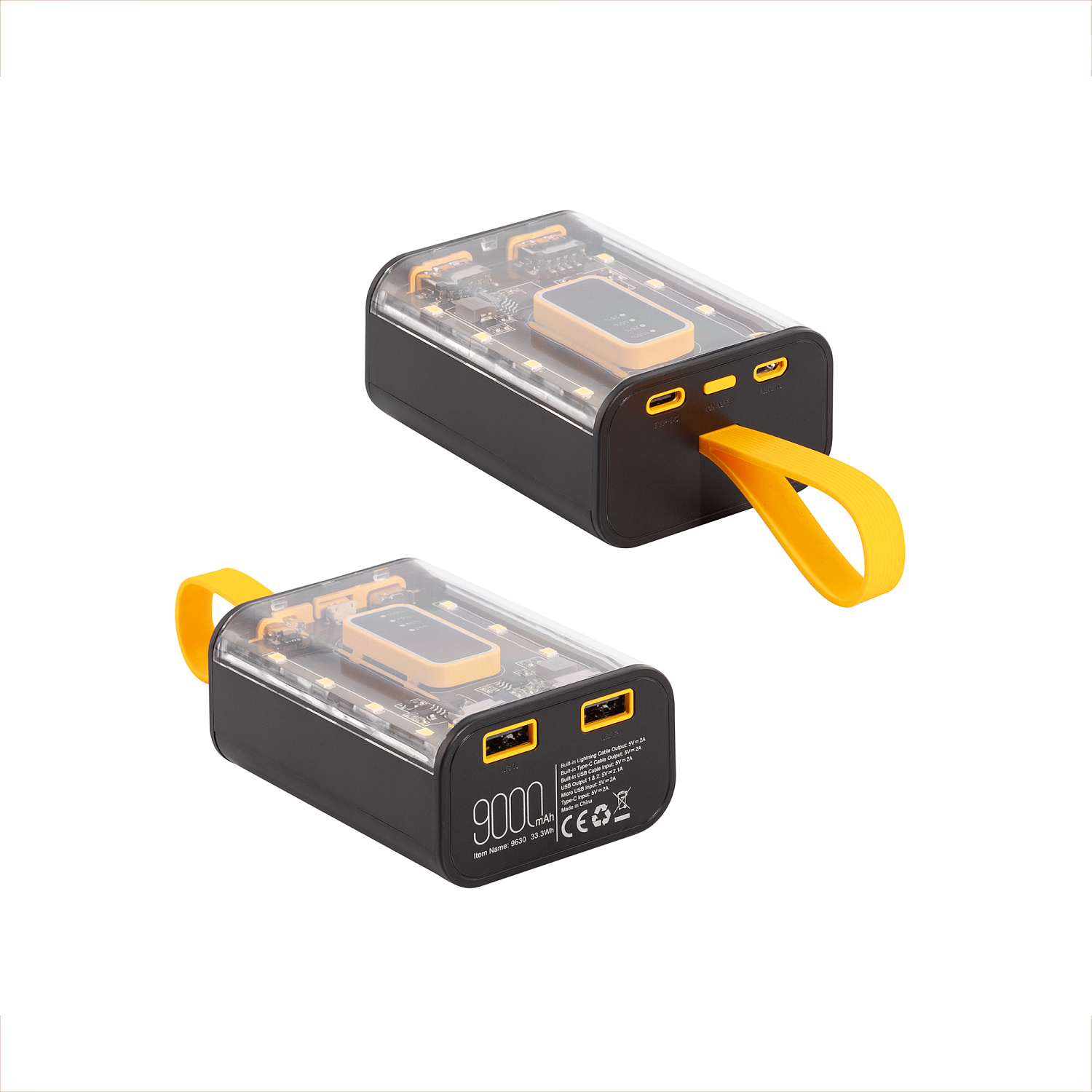 Зарядное устройство "Shine" 9000 mAh с LED-подсветкой, встроенными кабелями Type-C/Lightning/USB