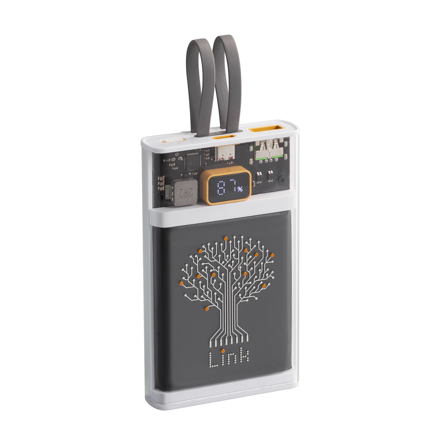 Зарядное (22.5W) устройство "Link" 10000 mAh с прозрачным корпусом, цифровым индикатором заряда и встроенными Type-C/Lightning кабелями