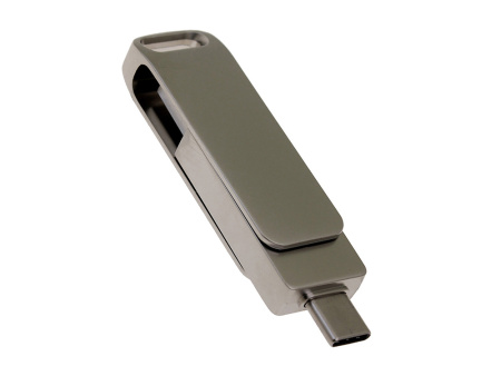 USB 2.0- флешка на 64 Гб поворотный механизм 2 в 1, c дополнительным разъемом Type-C с одноцветным металлическим клипом, серый